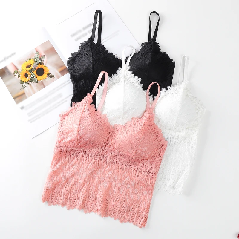 

Women Sexy Lingerie Lace Bralette Push Up Bras Wire Free Sheer Bra Beauty Strap Chest Pad Bottom Long Camisole