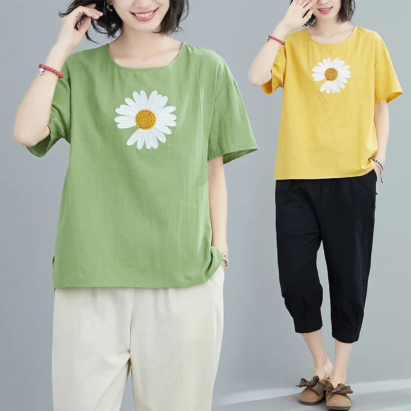 Женская свободная футболка Elifashion из хлопка и льна с круглым вырезом короткими