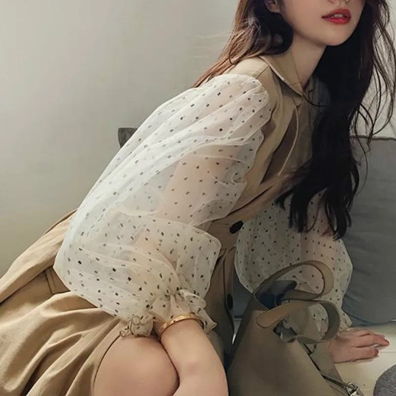 

Trench Women Vintage Mesh Patchwork Lantern Sleeve Design Fall Basic Femme Long Windbreaker Minimalist Korean Trendy Overcoat