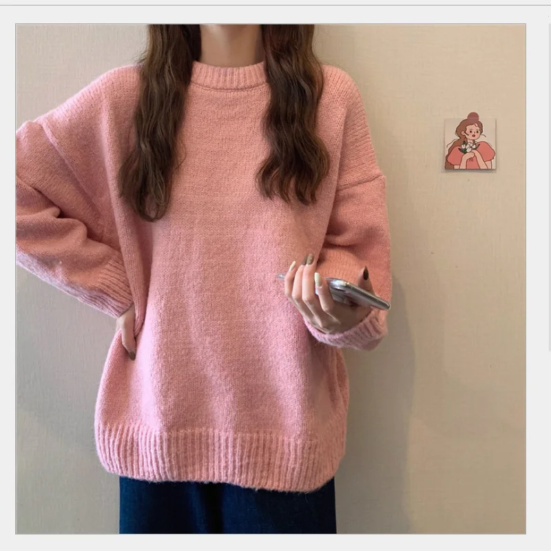 

New autumn and winter loose casual round neck wild long-sleeved pullover knitted sweater female four-color solid
