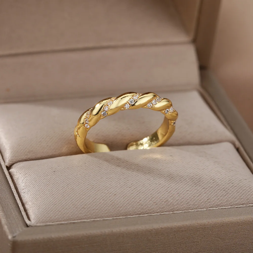 

Zircon Twist Chain Opening Rings For Women Girls Stainless Steel Gold Metal Finger Ring Gothic Accessories Luxury Jewelry Gift