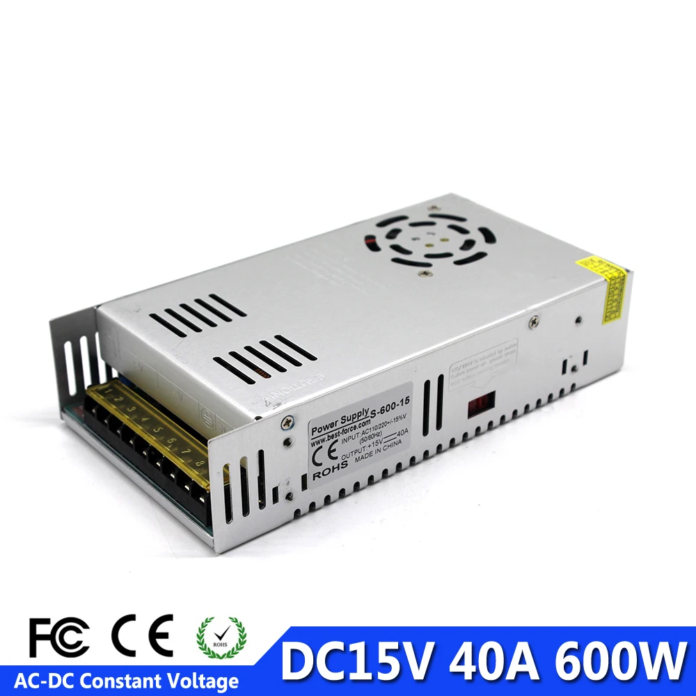 Постоянное напряжение DC15V 40A 600W Питание переключение трансформаторов 110V 220V AC к DC