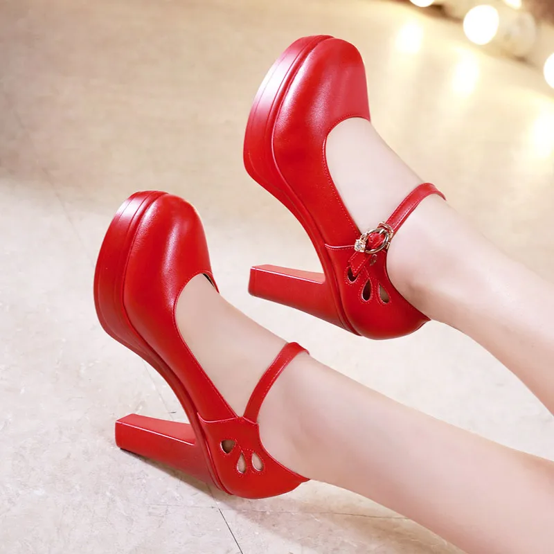 

Big Size Round Toe Block Heels Platform Shoes Women Pumps 2021 High Heels Wedding Shoes Ladies Office Work Shoe Split Leather