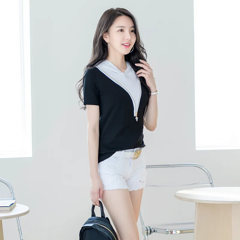 

2021 summer hooded zipper holiday two T-shirt ins high quality cotton dress render unlined upper garment