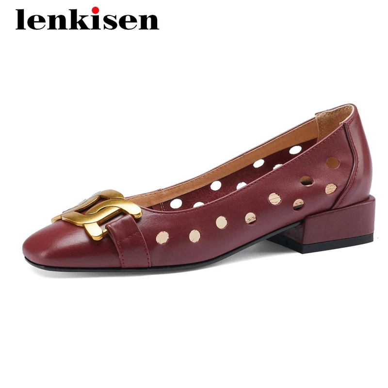 

Lenkisen large size concise style real cow leather metal decorations hollow square toe thick med heel slip on women pumps L8f2