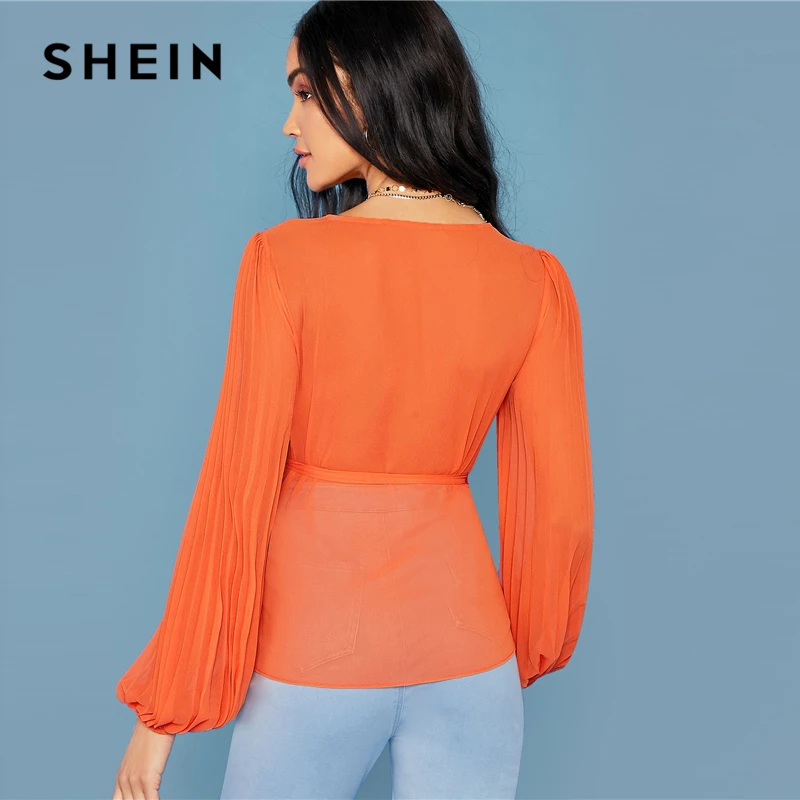Ярко оранжевая блузка SHEIN с глубоким V образным вырезом и боковым поясом женские