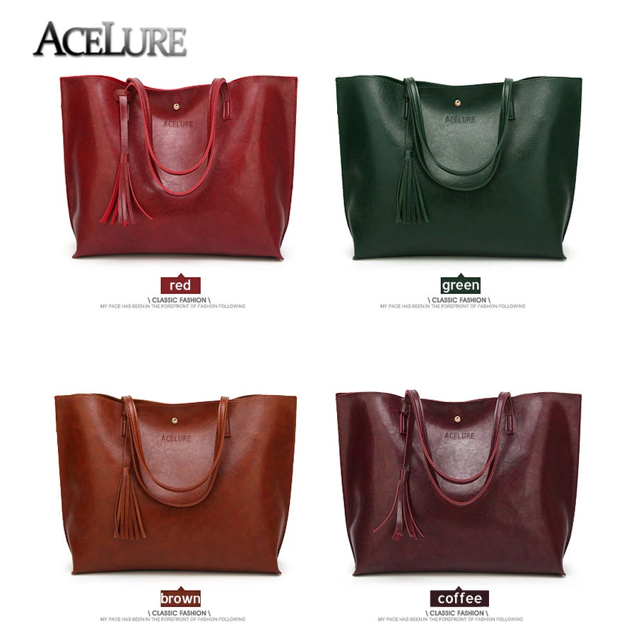 

ACELURE Hasp Oil Wax PU Leather Women Handbags Luxury Handbags Large Capacity Women Shouilder Bag Ladies Winter Women Tassel Bag