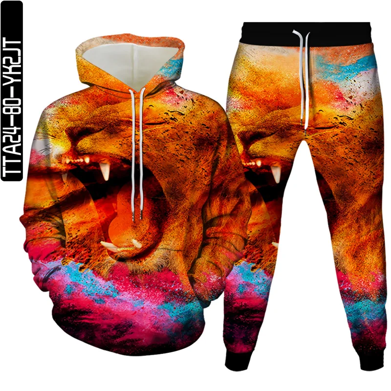 

Fall new style lion pattern men and women 3D hoodie + sweatpants two-piece men's hooded long-sleeved thin sweatshirt pullover