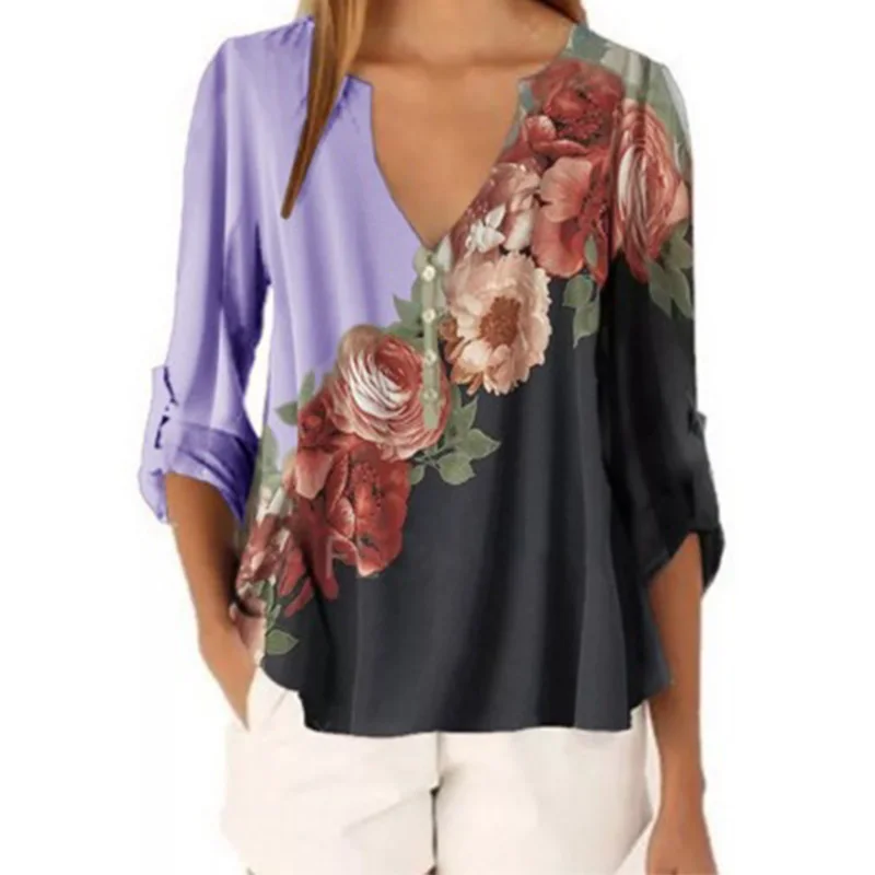 

2021 autumn winter hot sale V-neck floral print loose long-sleeved pullover women's shirt chiffon shirt