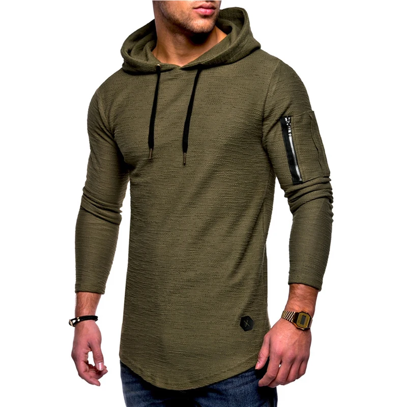 

2020 Autumn And Winter Men's O-neck T-shirts Hooded Solid Long Sleeve T-shirt men zipper Arc Hem Male Clothing Tops Gyms Tee