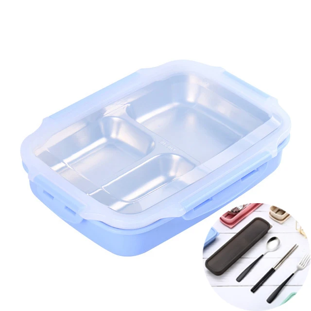 Blue lunch box set ONEUP Ланч-бокс из нержавеющей стали Портативный для пикника, офиса, школы, еды, контейнер с отделениями, Microwavable термальный Bento box - Цвет: Blue lunch box set