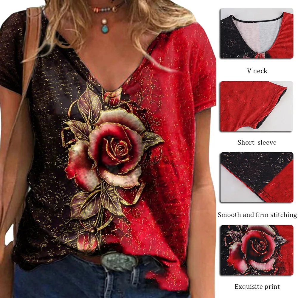 

Summer Rose Print Short Sleeve T Shirts Plus Size Women Casual Loose Tops Fashion Street Female V-Neck Floral Tee 2021 Pullover