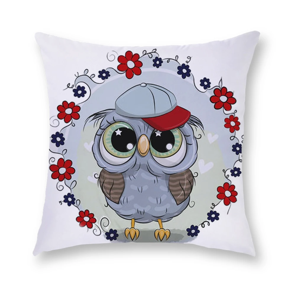 

Cartoon Owl Pillow Case White Polyester Peachskin Throw Cushion Cover Living Room Sofa Car Home Decorative Pillowcases 45x45cm