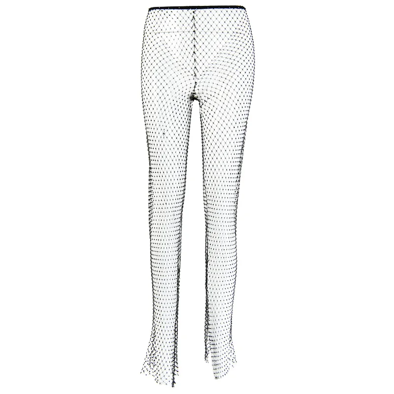 

DIRTYLILY Crystal Diamond Shiny Women Pants Summer New Fashion Hollow Out Fishnet Wide Leg Trousers Sexy See Through Beach Pant