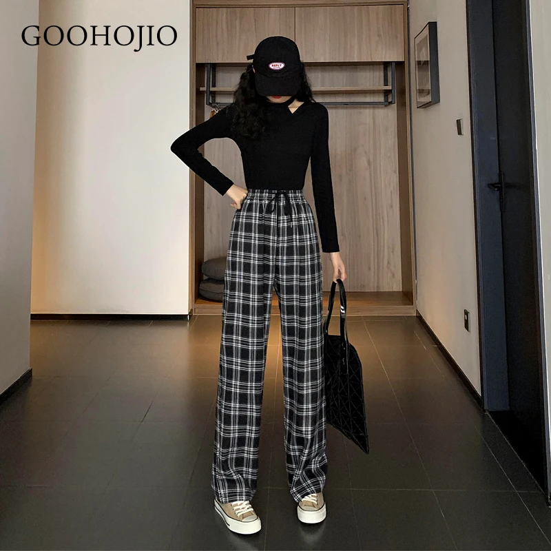 

GOOHOJIO Harajuku штаны в клетку для женщин брюки 2021 уличная Женская Штаны-шаровары на осень дамские повседневные штаны размера плюс S-2XL