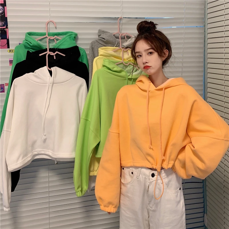 

Autum Winter Harajuku Chic Sweatshirts Women Preppy Style Hooded Batwing Sleeve Pure Color Plus Velvet Short Hoodies for Student