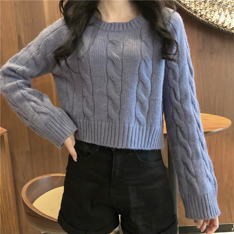 Autumn Winter New Women's Short Pullovers Sweater Twist Knitting Full Sleeve Solid Fashion Vintage Casual Tops T98506D