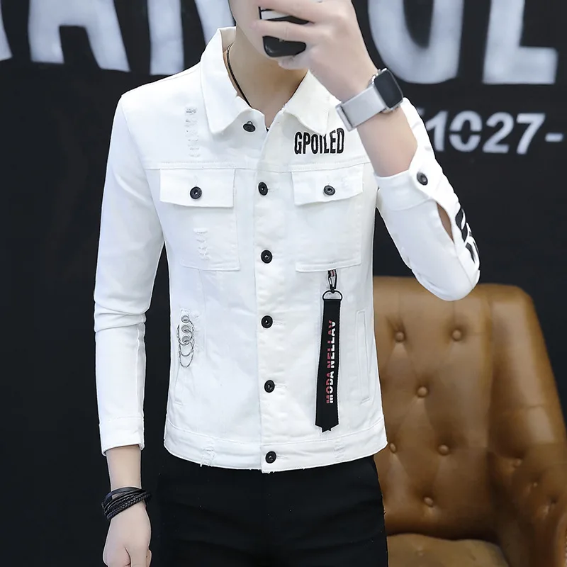 

Alphabet Printing 2021 Autumn Jacket Men Denim Cotton Casual Coats Patchwork Pockets Light Blue Street Wear Jackets