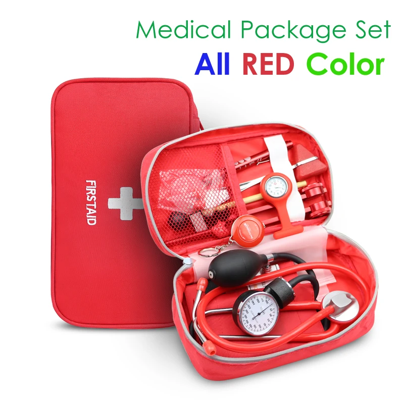 8PCS Set Medical Storage Kit Health Bag Pouch with Stethoscope Manometer Tuning Fork Reflex Hammer LED First Aid Penlight Torch