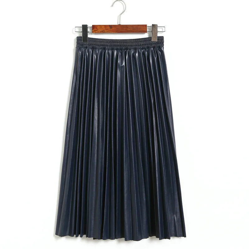 

Elegant Women PU Leather Retro Long Skirt Elastic Pleated High Waist Casual Skater Flared Casual Maxi Midi Skirt
