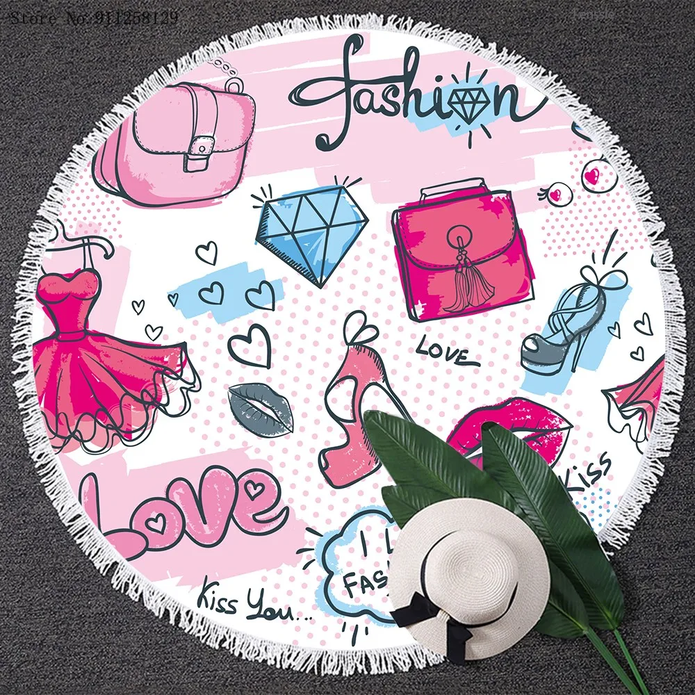 Косметическое круглое пляжное полотенце с кисточками духи помада на высоком