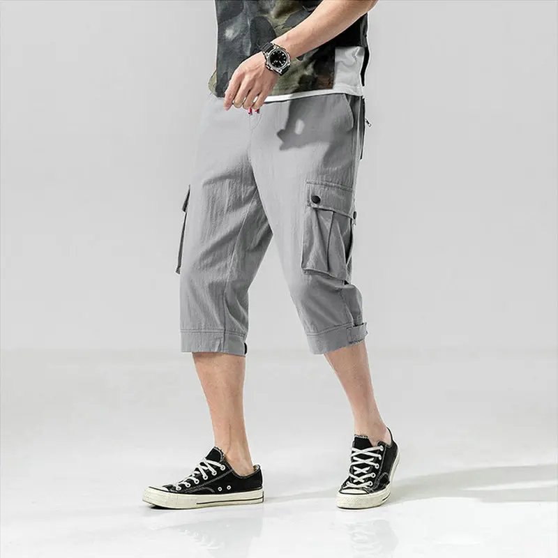 

2021 Summer Mens Camo Cargo Pants Cotton Military Mens Fashion Summer Casual Pocket Solid Drawstring Calf-Length Pants Trousers