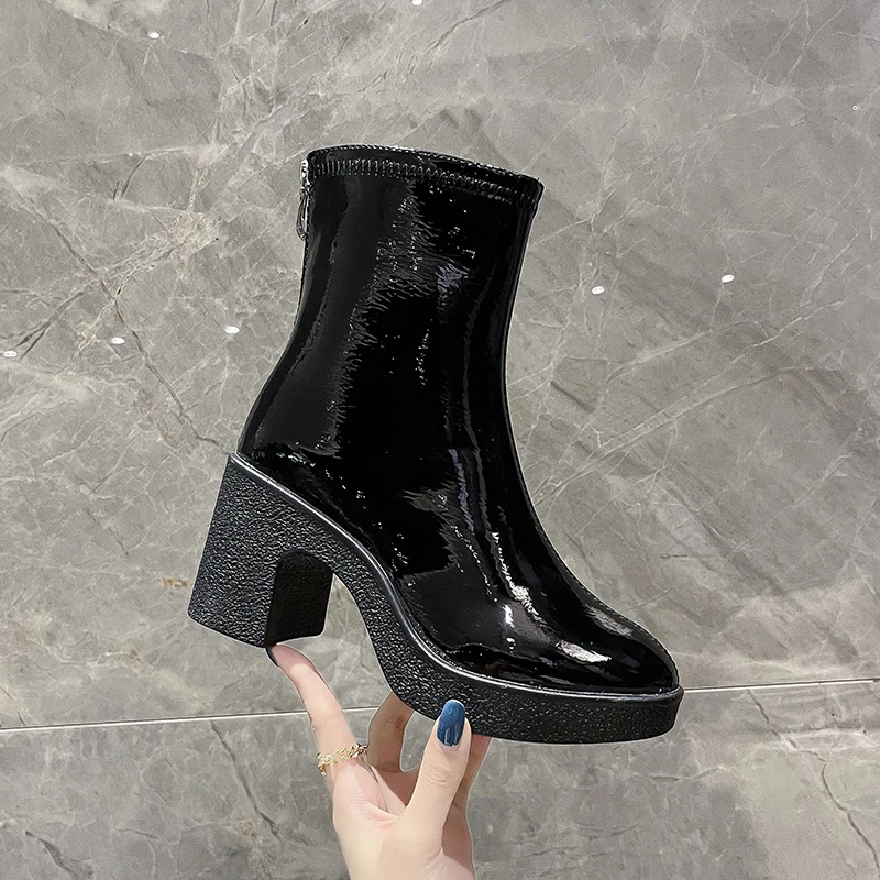 

Women Boots Leather Square High Heel Ankle Boots Round Toe Winter Shoes Woman Warm Comfort Fashion Platform Zipper Boots Black