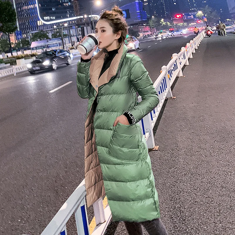 Green and Champagne Double Sided Women's Down Jacket Long Winter Turtleneck White Duck Down Coat Female Double Breasted Plus size Warm Plaid Parkas - Цвет: Green and Champagne