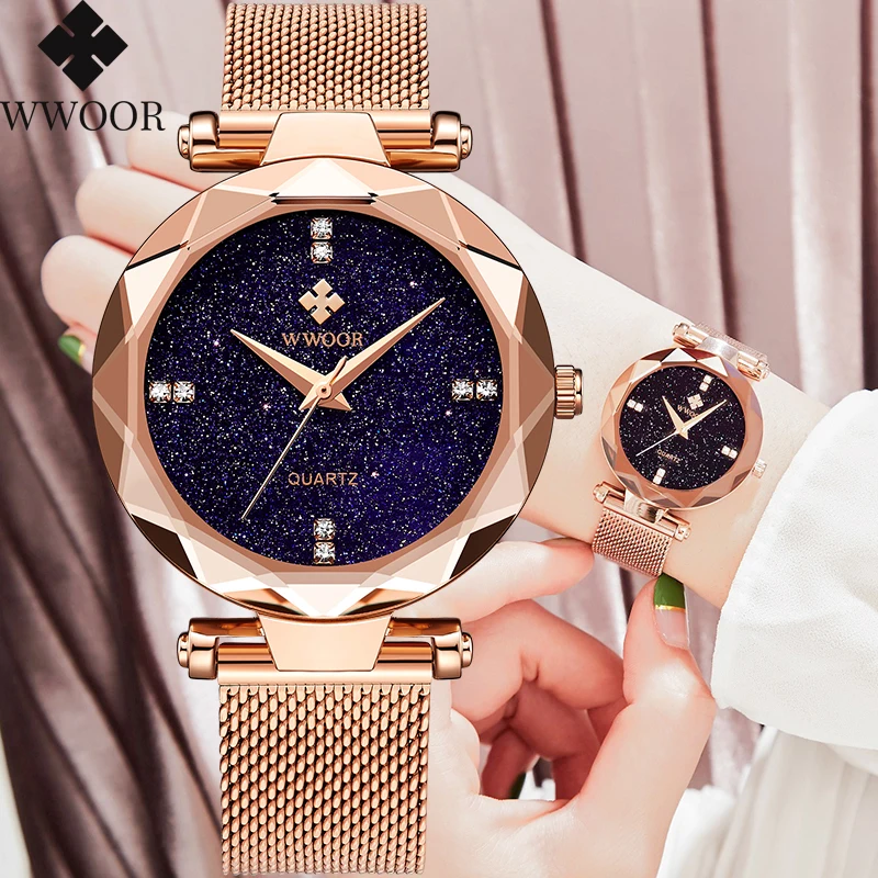 

WWOOR Rose gold Watch Women Watches Ladies Starry sky Exquisite Bracelet Watches Female Quartz Rhinestone Xfcs Relogio Feminino