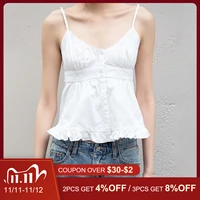 white simple cotton camis women 2021 summer sexy v neck sleeveless ruffles hem tank top femme vintage casual camis tops chic