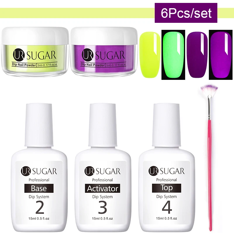 Неоновый Флуоресцентный порошок для ногтей UR SUGAR 6 шт. набор 3 в 1 акриловый резьба