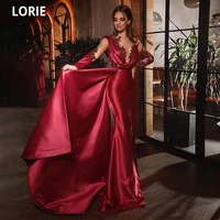 lorie elegant satin formal dresses for women burgundy lace appliques celebrity dresses mermaid with long sleeve illusion dress