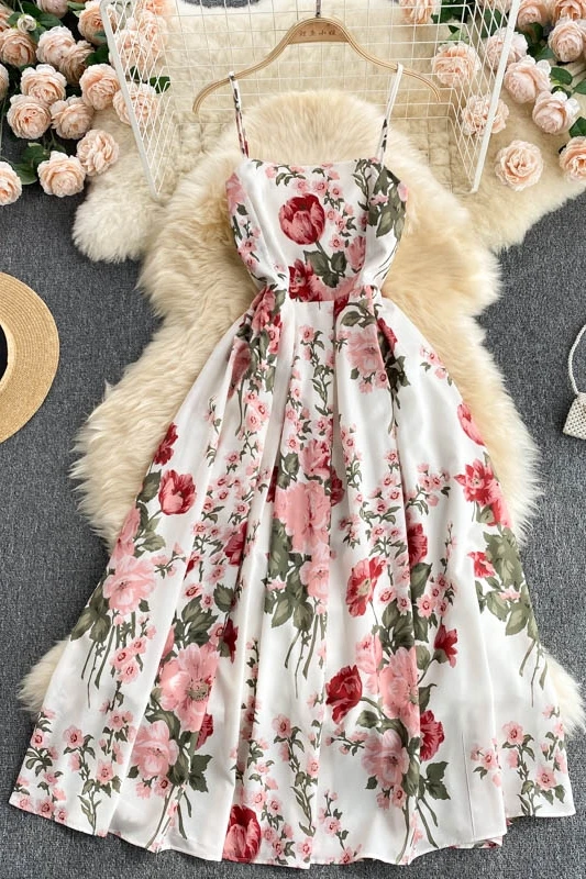 

Elegant Summer Chiffon Floral Strap Dress For Women Vacation Sexy Backless Midi Dress Robe Female Vestidos