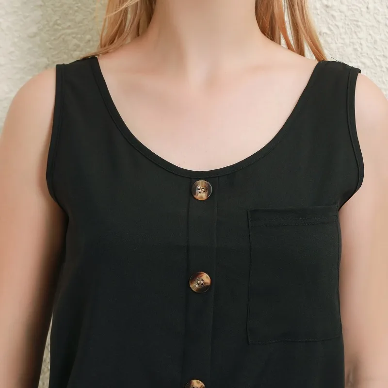 

Women Tank Top Summer 2021 Fashion Button Tank Tops V Neck Sleeveless Shirts Tees Simple Loose Pocket Solid Vest Top