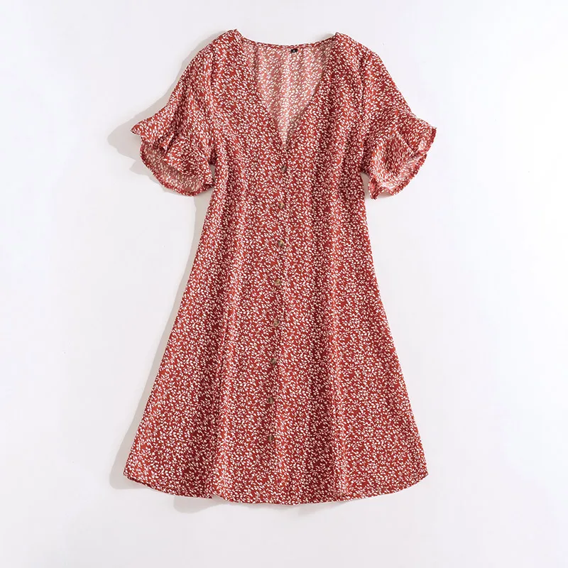 

Good Quality Print Short Ruffle Sleeve Summer Dress Single Breasted A-line Korean Style Women Dress V Neck Womens Dresses