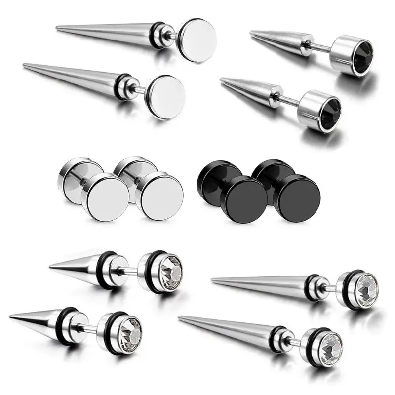 

6 Pair/set Fashion Stud Earrings Stainless Steel Taper Ear Plugs Piercing Earring for Men and Women E56A
