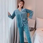 Женский бархатный пижамный комплект с длинным рукавом и V-образным вырезом