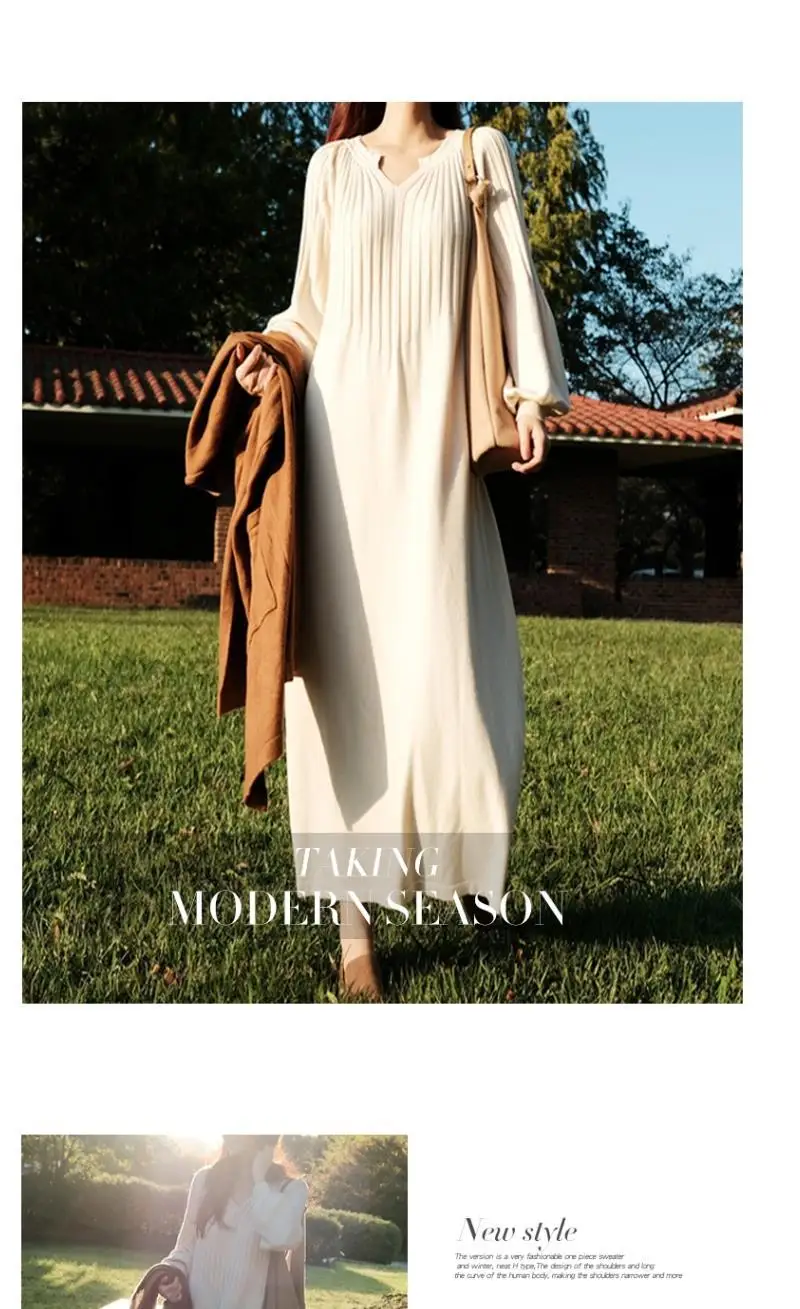 

Women Autumn Winter Fashion Solid Knitted Sweater Dresses Female Full Sleeve Long Party Dress Ladies V-Neck Loose Dress P126