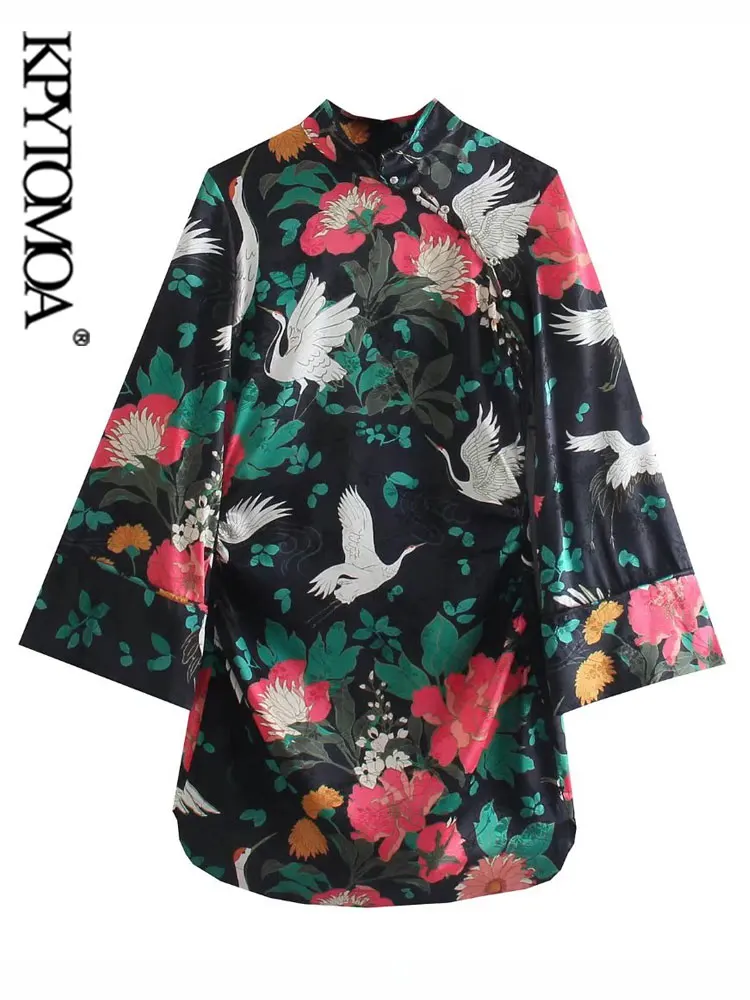 

KPYTOMOA Women Fashion Crane Print Side Vents Mini Dress Vintage High Neck Three Quarter Sleeve Female Dresses Vestidos Mujer