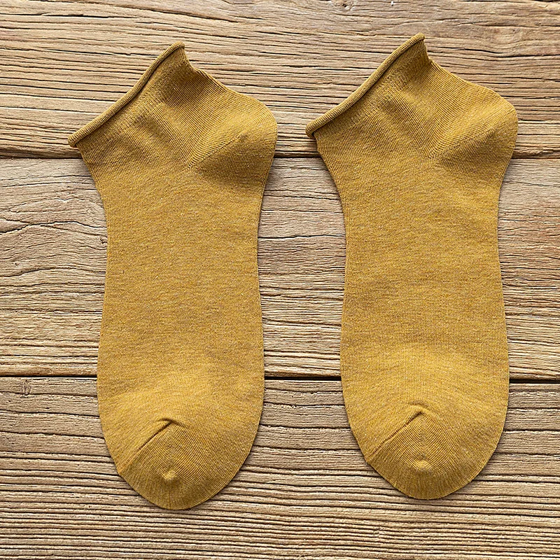 

5Pairs Women Summer Low Cut Socks Solid Color Curled Vintage Female Boat Socks Men Boat Socks