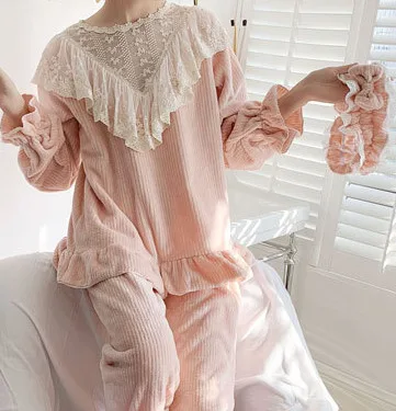 pink Женские пижамы, зимние пижамы принцессы, милые пижамы, длинный рукав фланель, женские повседневные пижамы для девочек, домашняя одежда, теплые - Цвет: pink