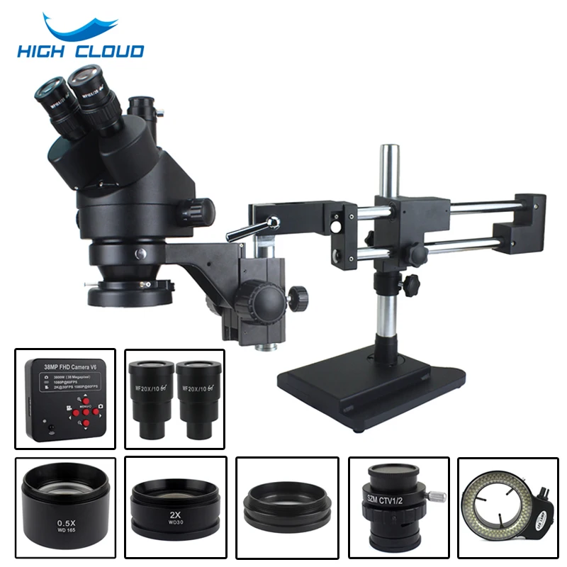 

3.5X 90X 180X Simul-Focal Double Boom Stand Trinocular Stereo Zoom Microscope 38MP 2K HDMI USB Camera 144 LED Light Microscopie