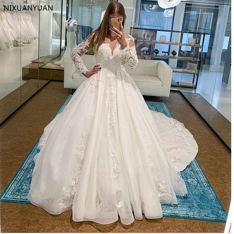 Элегантное бальное платье с длинным рукавом свадебные платья круглым вырезом