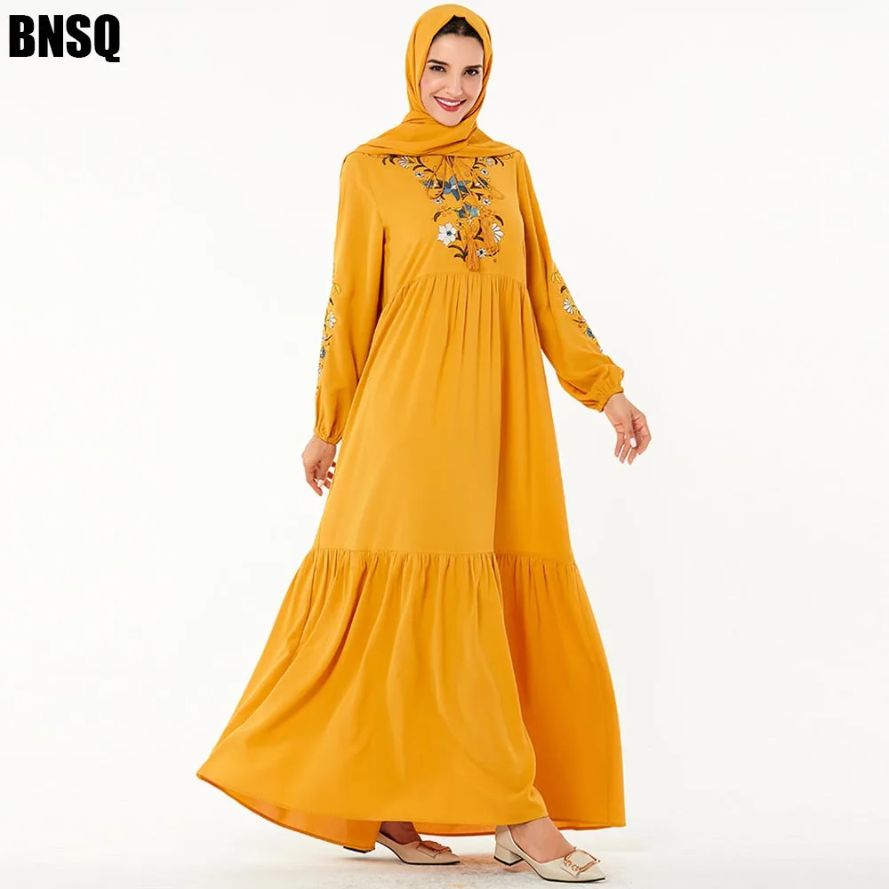 9202 yellow BNSQ мусульманских женщин хиджаб с длинными рукавами платье макси-платье Абая jalabiya Исламская одежда для женщин халат кафтан Модная Джинсовая куртка с вышивкой - Цвет: 9202 yellow