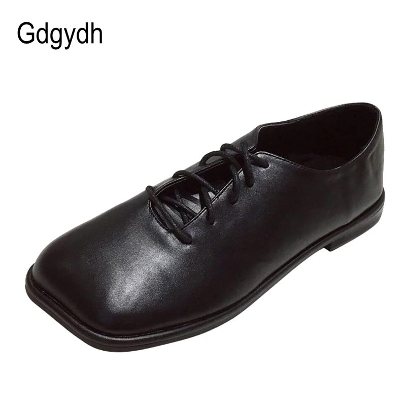 Женские туфли на плоской подошве Gdgydh черные шнурках с квадратным носком в