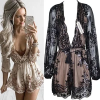 european and american new deep v neck sexy jumpsuit sequins champagne gold rope jumpsuit shorts womens fashion