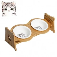 liftable pets double bowl dog cat food water feeder stand raised ceramic dish bowl wooden table tableware pet product