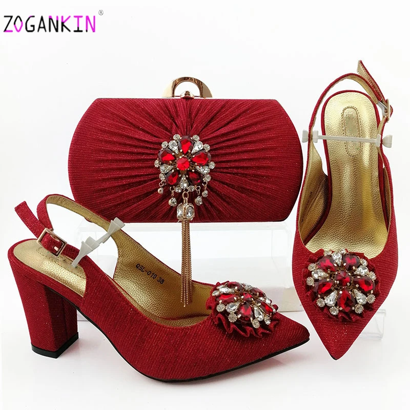 Latest Fashion Crystal Silver Color Pointed Toe Sandals And Bag Set African Style Woman Shoes Matching Purse | Обувь
