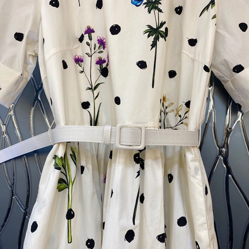 

SEQINYY Beige Midi Dress Summer Spring New Fashion Design Women Runway Dot Flower Print Short Sleeve High Quality 100% Cotton