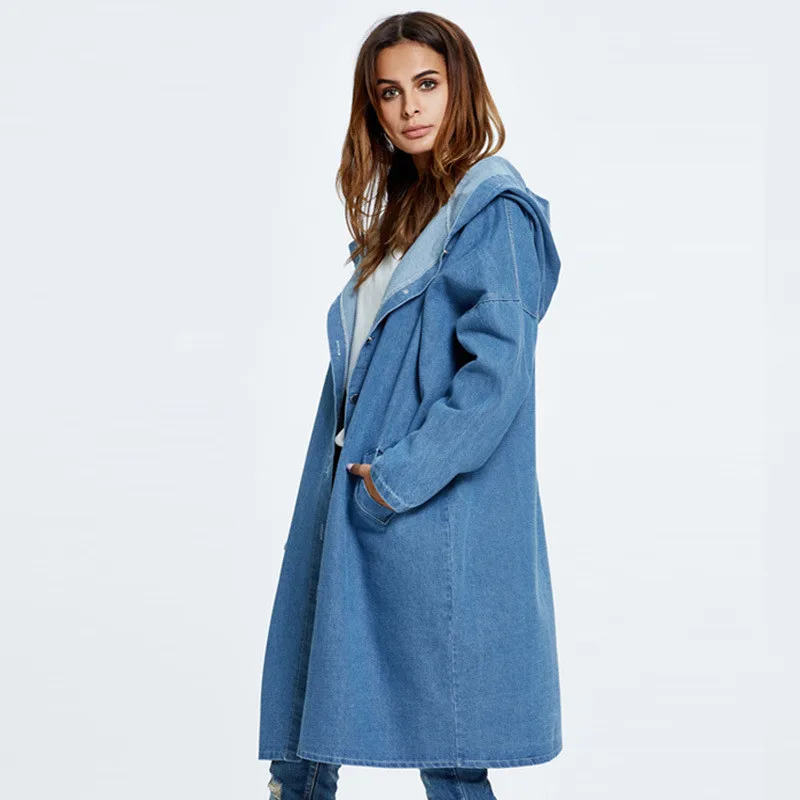 

Large size Denim Trench Coat Women Spring Autumn Long sleeve Hooded Jeans Windbreaker Long Coat Female Basic Casual Outerwear